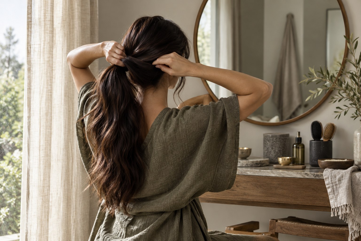 A woman tying her hair in a bright dressing area